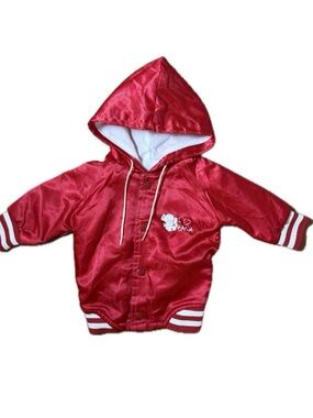 Red Satin Hooded Baby Jacket with White Trim